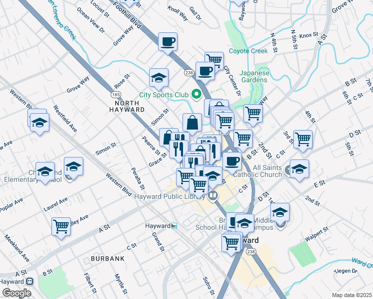 map of restaurants, bars, coffee shops, grocery stores, and more near 921 Warren Street in Hayward