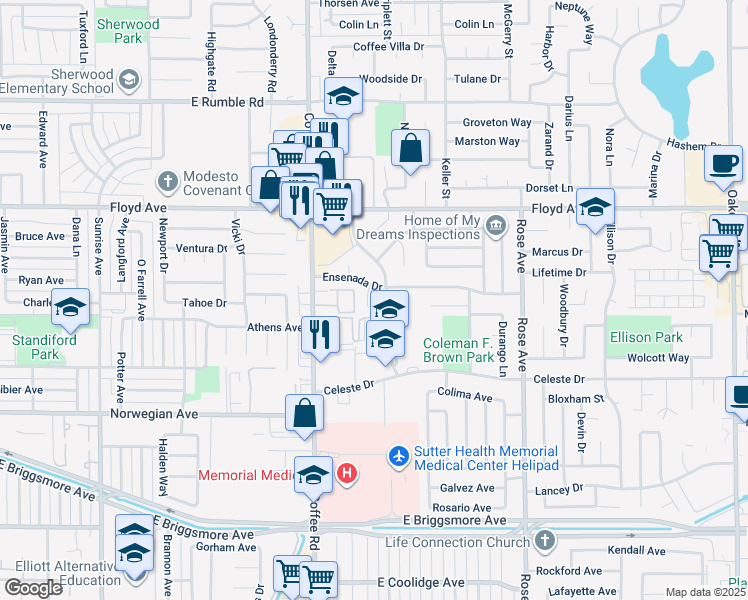 map of restaurants, bars, coffee shops, grocery stores, and more near 2210 San Blas Court in Modesto