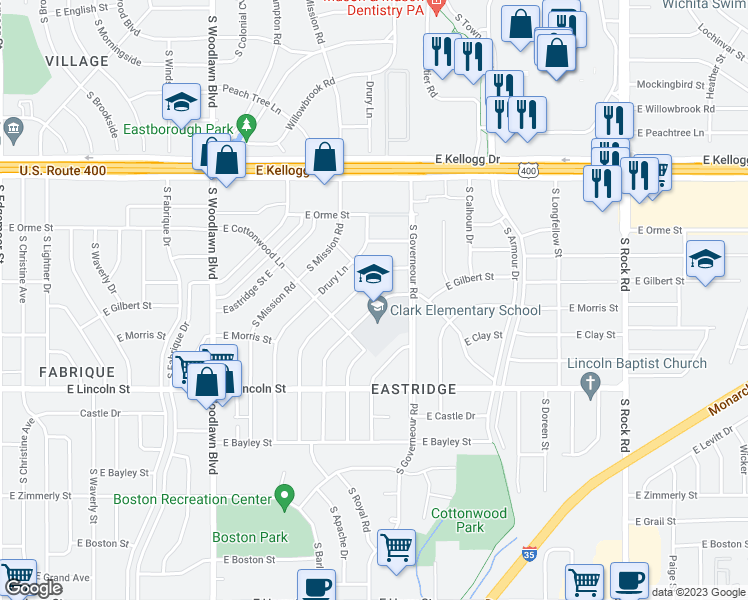 map of restaurants, bars, coffee shops, grocery stores, and more near 637 South Apache Drive in Wichita