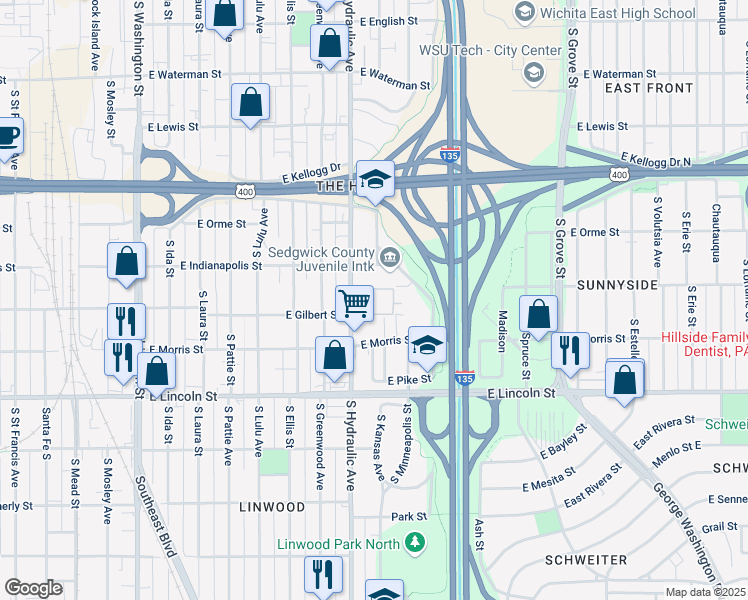 map of restaurants, bars, coffee shops, grocery stores, and more near 888 South Hydraulic Avenue in Wichita