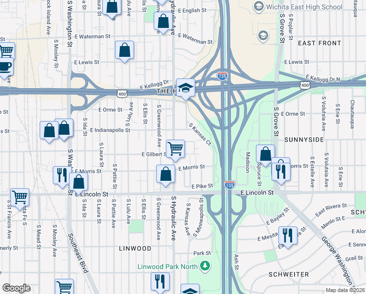 map of restaurants, bars, coffee shops, grocery stores, and more near 1612 East Gilbert Street in Wichita