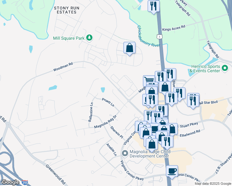 map of restaurants, bars, coffee shops, grocery stores, and more near 10728 Peterfield Lane in Glen Allen
