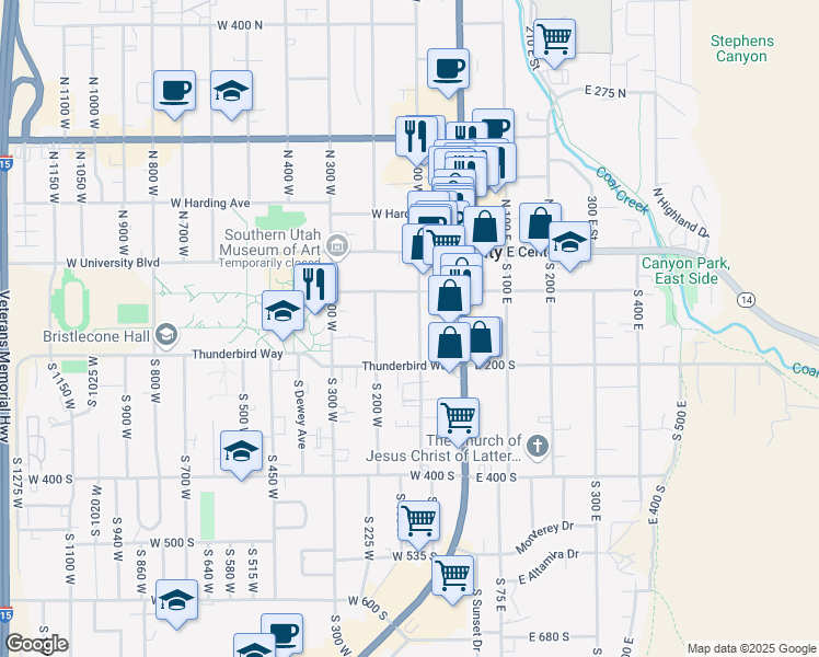 map of restaurants, bars, coffee shops, grocery stores, and more near 140 South 100 West in Cedar City