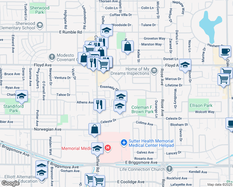 map of restaurants, bars, coffee shops, grocery stores, and more near 2210 San Blas Court in Modesto