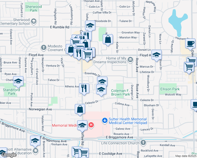 map of restaurants, bars, coffee shops, grocery stores, and more near 2210 San Blas Court in Modesto