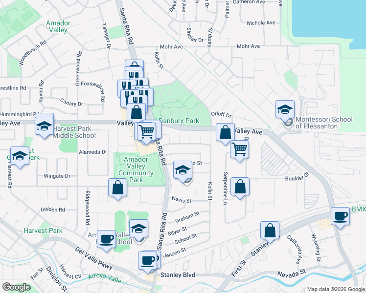 map of restaurants, bars, coffee shops, grocery stores, and more near 4126 Francisco Street in Pleasanton