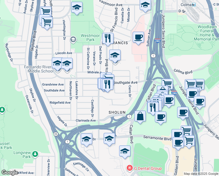 map of restaurants, bars, coffee shops, grocery stores, and more near 1440 Southgate Avenue in Daly City
