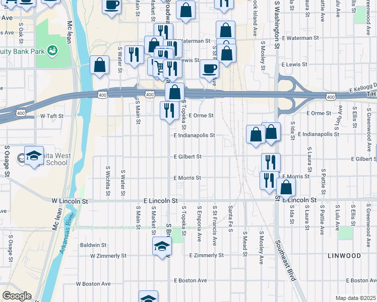 map of restaurants, bars, coffee shops, grocery stores, and more near 944 Topeka Street in Wichita