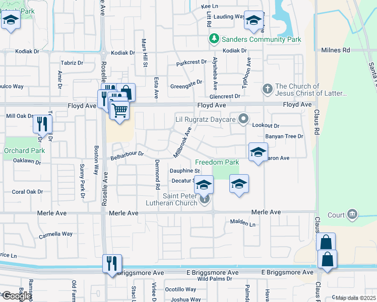map of restaurants, bars, coffee shops, grocery stores, and more near 3308 Sharon Avenue in Modesto