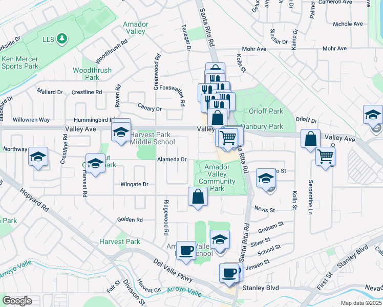 map of restaurants, bars, coffee shops, grocery stores, and more near 1984 Brooktree Way in Pleasanton