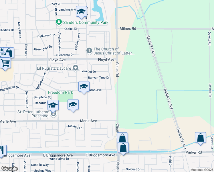 map of restaurants, bars, coffee shops, grocery stores, and more near 2301 Snowy Egret Street in Modesto