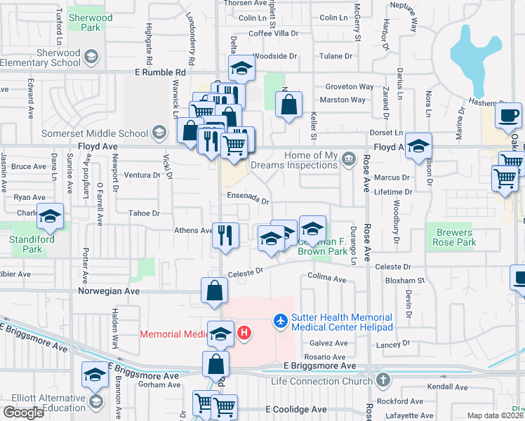 map of restaurants, bars, coffee shops, grocery stores, and more near 1321 Ensenada Drive in Modesto