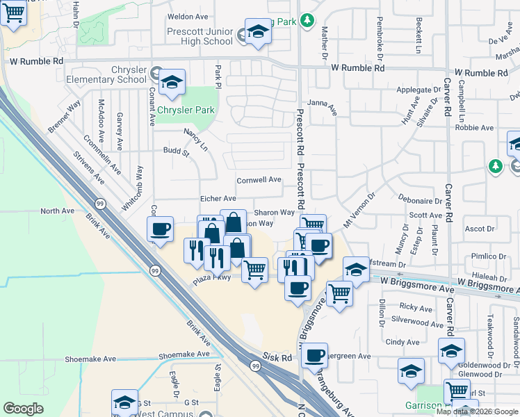 map of restaurants, bars, coffee shops, grocery stores, and more near 2130 Eicher Avenue in Modesto