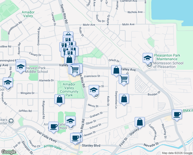 map of restaurants, bars, coffee shops, grocery stores, and more near 4083 Francisco Street in Pleasanton