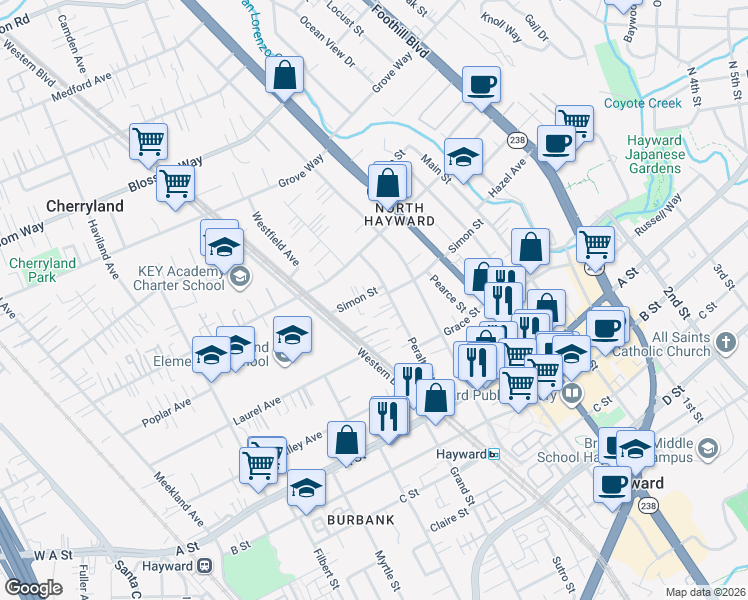 map of restaurants, bars, coffee shops, grocery stores, and more near 574 Simon Street in Hayward