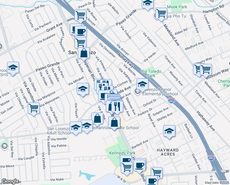 map of restaurants, bars, coffee shops, grocery stores, and more near 17579 Via Primero in San Lorenzo