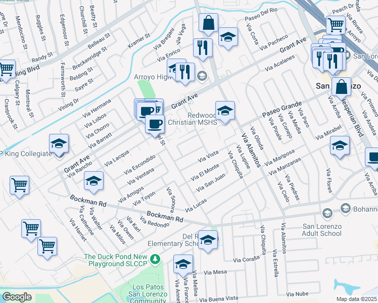 map of restaurants, bars, coffee shops, grocery stores, and more near 1338 Vía Faisan in San Lorenzo