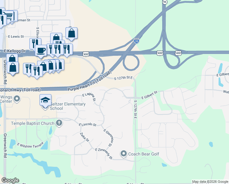 map of restaurants, bars, coffee shops, grocery stores, and more near 12530-12670 East Lincoln Street in Wichita