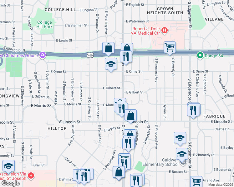 map of restaurants, bars, coffee shops, grocery stores, and more near 4701-4799 East Gilbert Street in Wichita