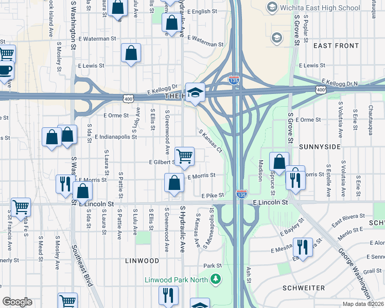map of restaurants, bars, coffee shops, grocery stores, and more near 1612 East Gilbert Street in Wichita