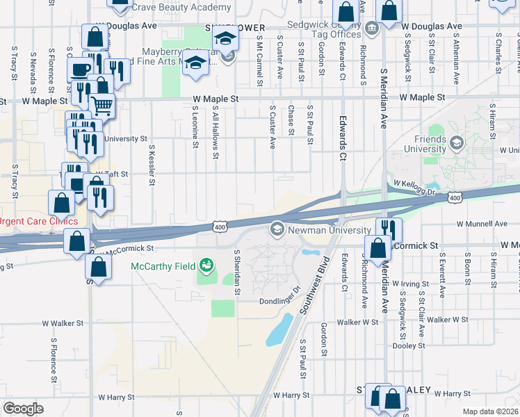 map of restaurants, bars, coffee shops, grocery stores, and more near 743 South Custer Avenue in Wichita