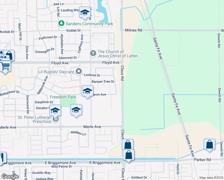 map of restaurants, bars, coffee shops, grocery stores, and more near 2301 Snowy Egret Street in Modesto