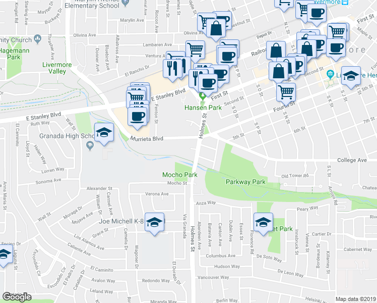 map of restaurants, bars, coffee shops, grocery stores, and more near 1167 Holmes Court in Livermore