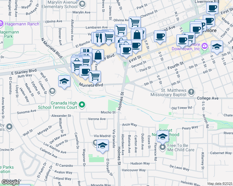 map of restaurants, bars, coffee shops, grocery stores, and more near 1167 Holmes Court in Livermore