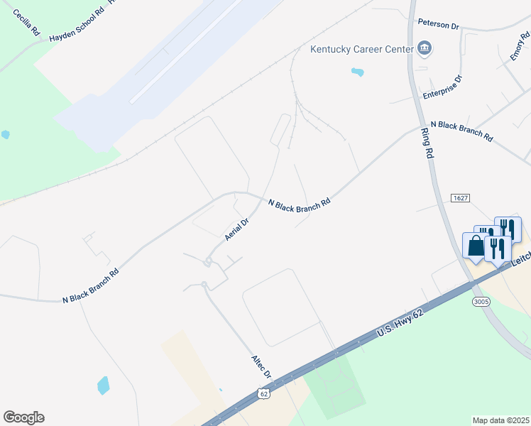 map of restaurants, bars, coffee shops, grocery stores, and more near 1181 North Black Branch Road in Elizabethtown