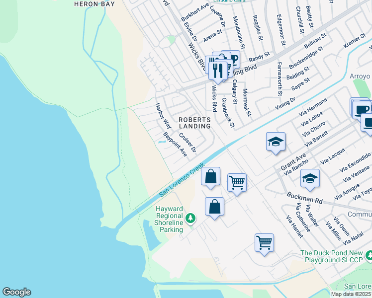 map of restaurants, bars, coffee shops, grocery stores, and more near 15668 Baypoint Avenue in San Leandro