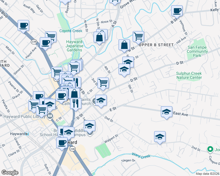 map of restaurants, bars, coffee shops, grocery stores, and more near 1352 D Street in Hayward