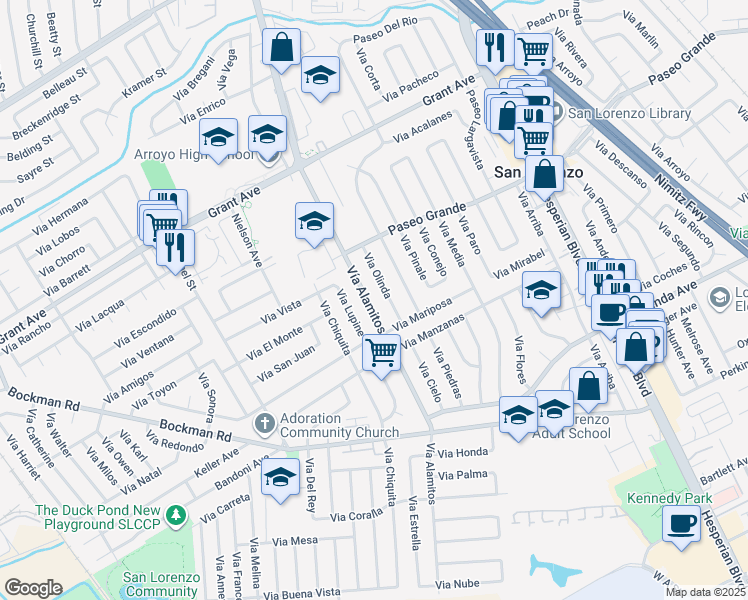 map of restaurants, bars, coffee shops, grocery stores, and more near 16090 Via Olinda in San Lorenzo