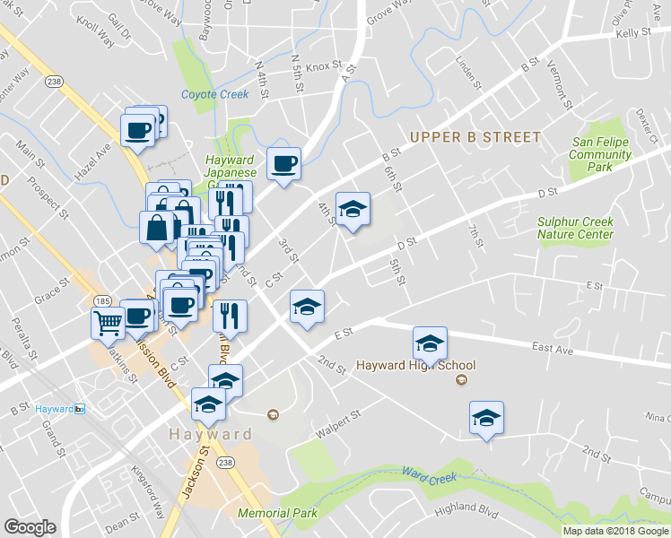 map of restaurants, bars, coffee shops, grocery stores, and more near 1352 D Street in Hayward
