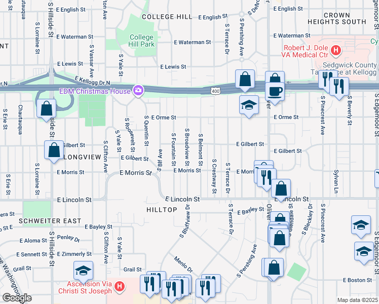 map of restaurants, bars, coffee shops, grocery stores, and more near 4211 East Gilbert Street in Wichita