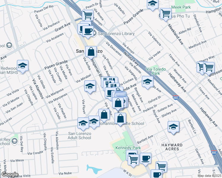 map of restaurants, bars, coffee shops, grocery stores, and more near 17400 Hesperian Boulevard in San Lorenzo