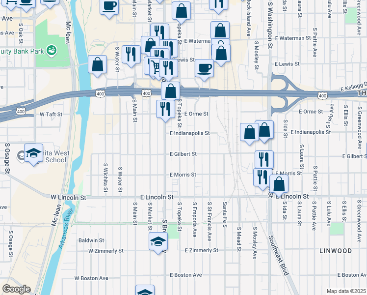 map of restaurants, bars, coffee shops, grocery stores, and more near 944 Topeka Street in Wichita