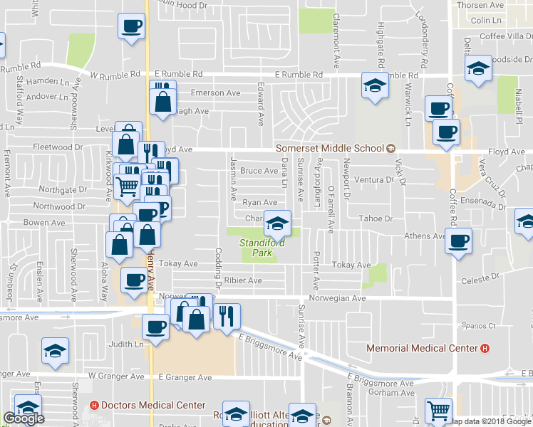 map of restaurants, bars, coffee shops, grocery stores, and more near 501 Charles Avenue in Modesto