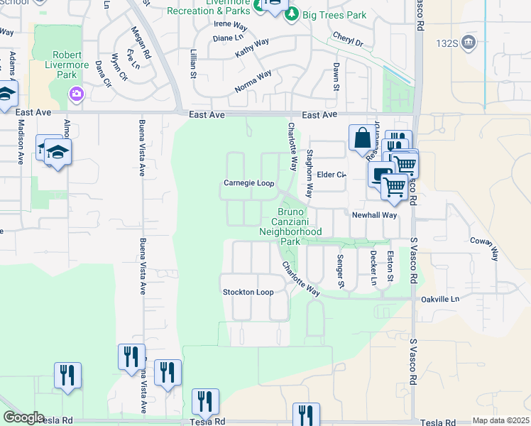 map of restaurants, bars, coffee shops, grocery stores, and more near 5422 Lawson Court in Livermore