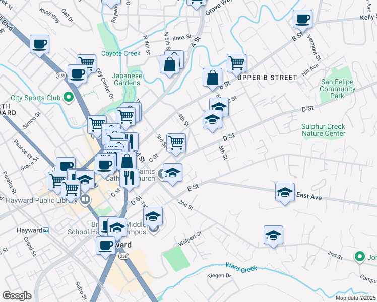 map of restaurants, bars, coffee shops, grocery stores, and more near 1352 D Street in Hayward