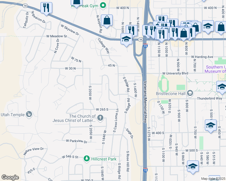 map of restaurants, bars, coffee shops, grocery stores, and more near 114 South Juniper Drive in Cedar City
