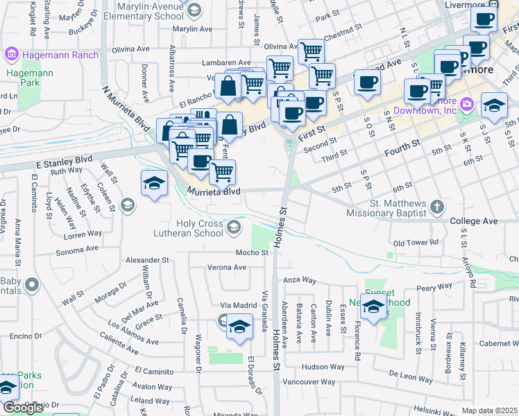map of restaurants, bars, coffee shops, grocery stores, and more near 1085 Murrieta Boulevard in Livermore