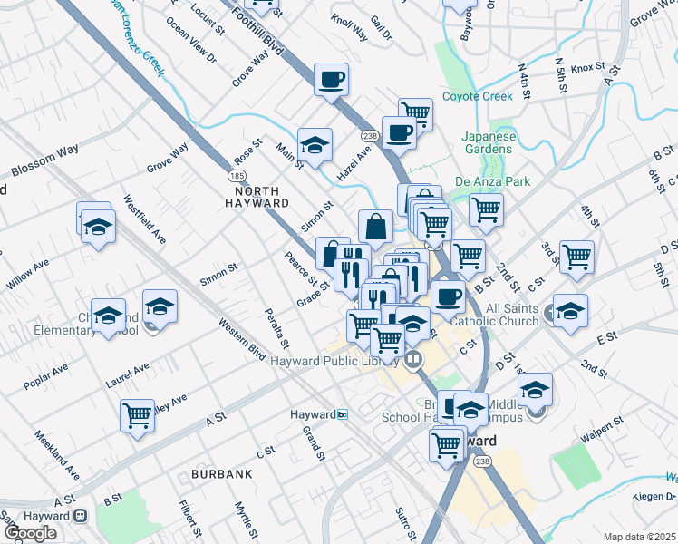 map of restaurants, bars, coffee shops, grocery stores, and more near 22281 Prospect Street in Hayward