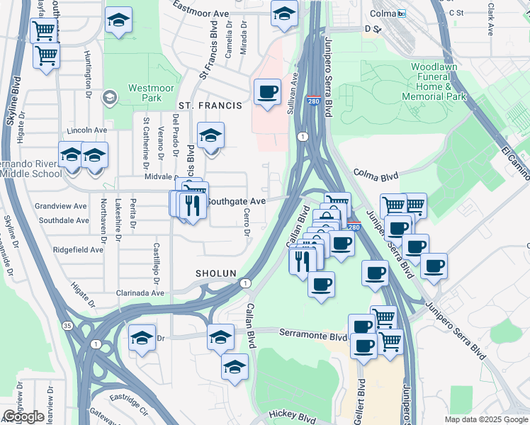 map of restaurants, bars, coffee shops, grocery stores, and more near 1502 Southgate Avenue in Daly City