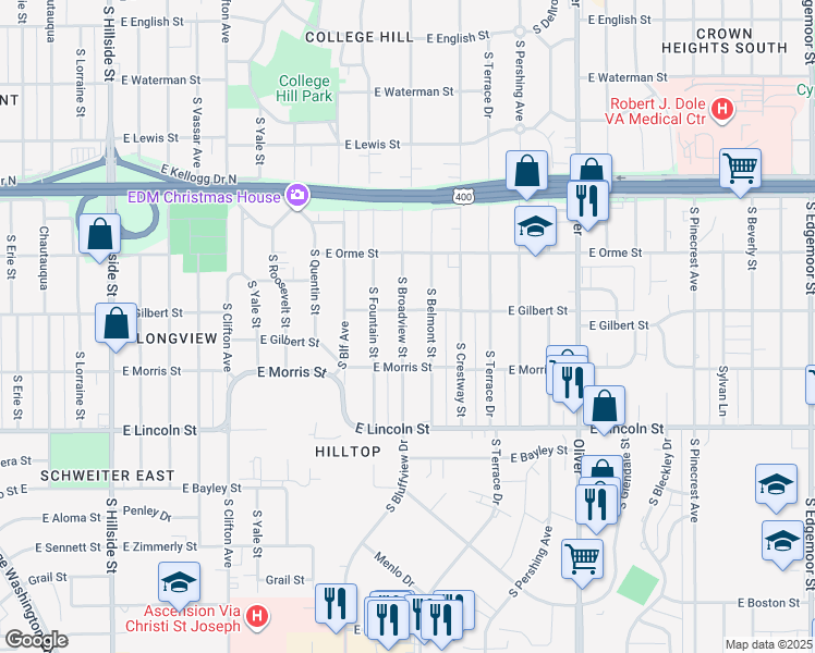map of restaurants, bars, coffee shops, grocery stores, and more near 4211 East Gilbert Street in Wichita
