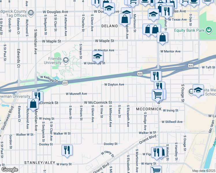 map of restaurants, bars, coffee shops, grocery stores, and more near 1704 South Millwood Avenue in Wichita