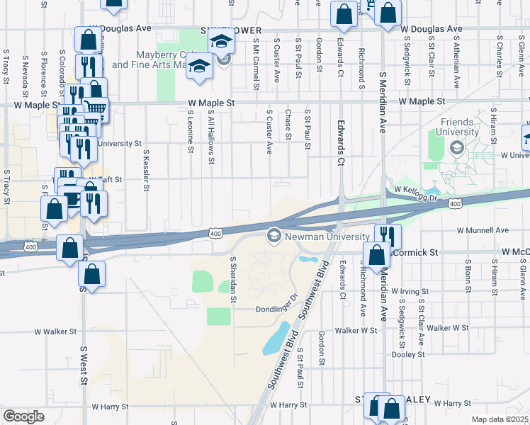 map of restaurants, bars, coffee shops, grocery stores, and more near 743 South Custer Avenue in Wichita