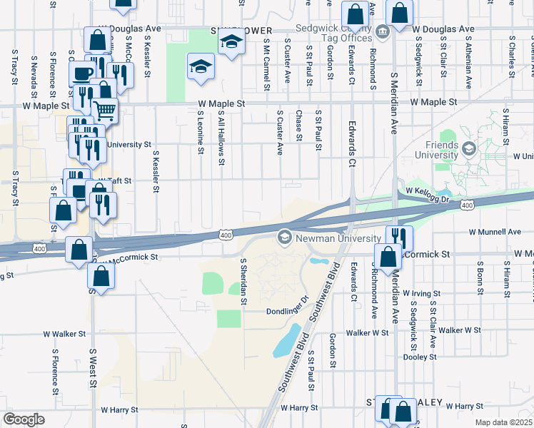 map of restaurants, bars, coffee shops, grocery stores, and more near 743 South Custer Avenue in Wichita