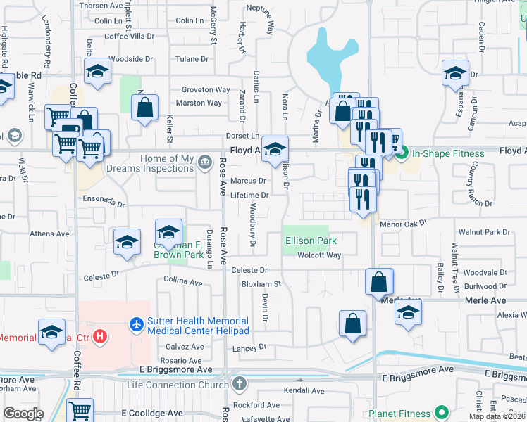 map of restaurants, bars, coffee shops, grocery stores, and more near 2217 Rose Walk Court in Modesto