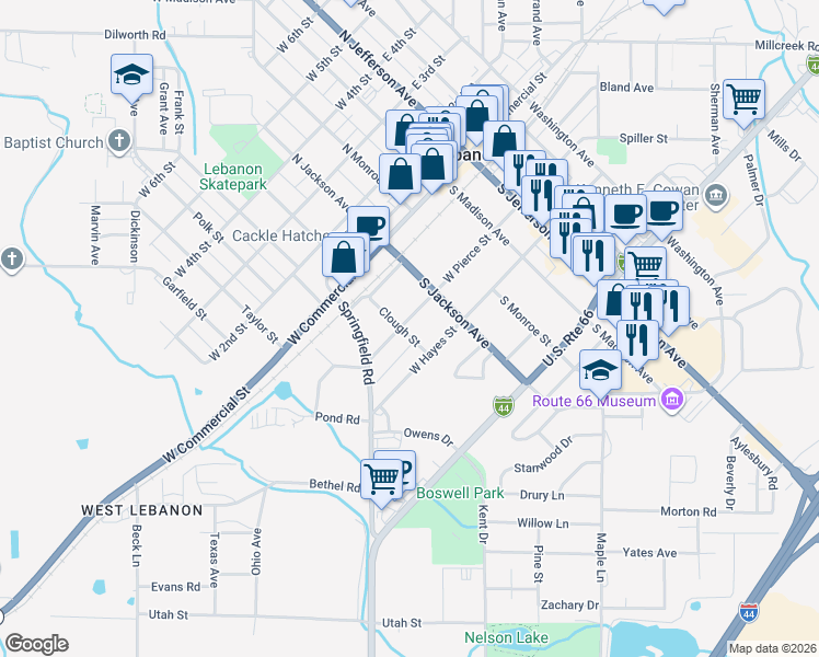 map of restaurants, bars, coffee shops, grocery stores, and more near 446 West Pierce Street in Lebanon