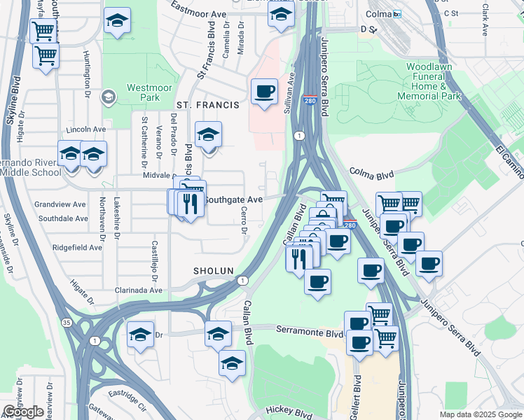 map of restaurants, bars, coffee shops, grocery stores, and more near 1502 Southgate Avenue in Daly City